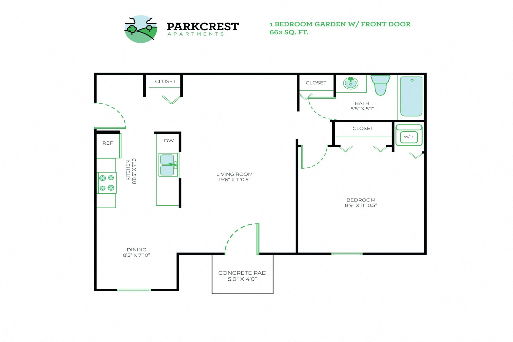Floor plan for 1 bed, 1 bath, 662 sqft